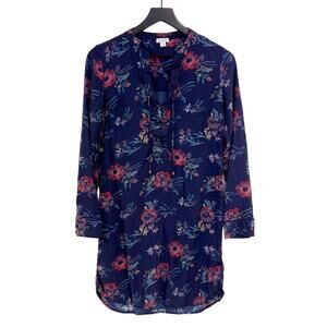 Splendid | Rayon Floral Long Sleeve Mini Dress Lace-Up Neck Navy Blue | M